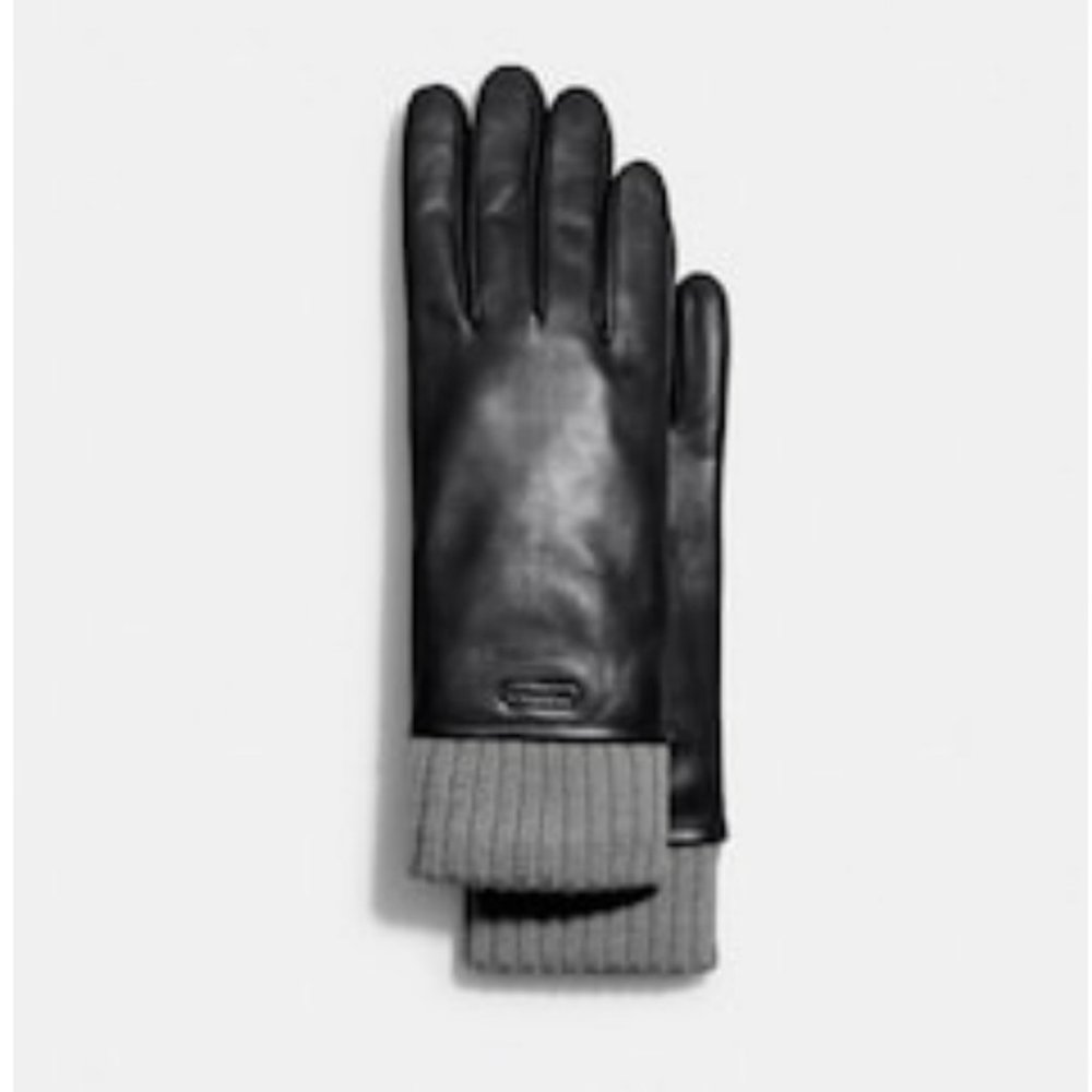 COACH -!BRAND NEW W`TAGS BLACK LEATHER KNIT CUFF GLOVES.